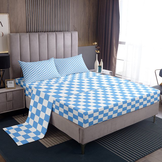 Erosebridal Checkered Gingham Sheet Set Full, Blue Buffalo Bedding Sets Full Size, Rectangle Geometry Decor, 4-Piece