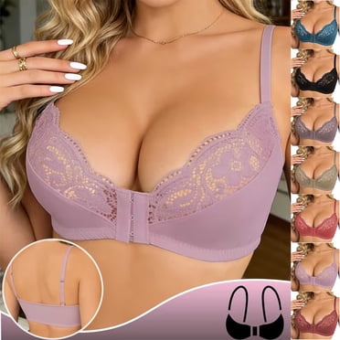 Jovati Soutien-gorge Quotidien pour Femmes avec Fermeture à Agrafes devant, Bretelles Ajustables, Bonnets en Dentelle Florale, Décolleté en V Profond, Coupe Classique, Mélange Polyester-Spandex
