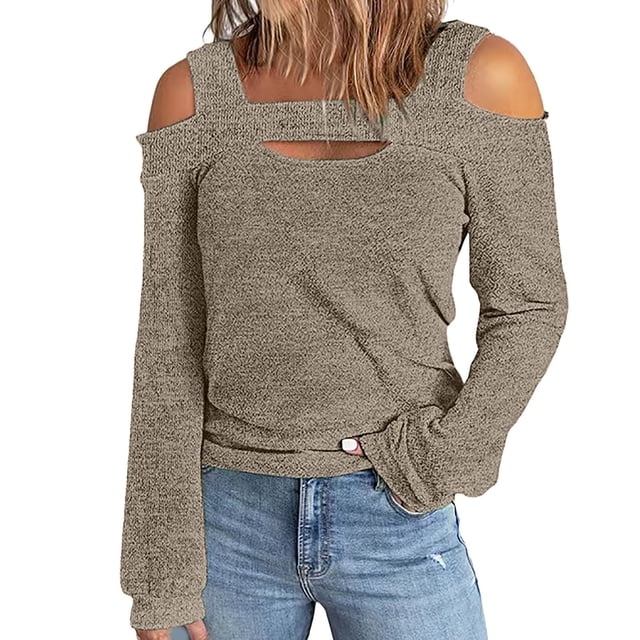 Pisexur Crewneck Shirts for Women Solid Color Off-shoulder Patchwork Tunic Tops Halter-Neck Long Sleeve Compression Shirts Athletic Tight Workout Top