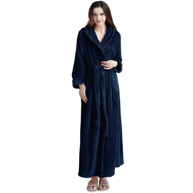Women's Plush Fleece Robe with Elastic Waist Design Long Warm Solid Bathrobe Dressing Nightgown