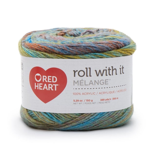 Red Heart® Roll with it melange™ Fil Acrylique #4 Worsted (Moyen) en Écheveau Multicolore avec des Tons Bleu, Vert, Brun et Jaune, 5,29 oz/150 g et 389 Verges, Lavable à la machine, Idéal pour Tricoter Ou Crocheter des Vêtements et Accessoires, Convient Aussi à l'Artisanat pour des Articles de Déco Maison.