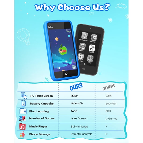 Smartphone Enfant 3 Pouces – 18 Applications, Double Caméra 2MP, 16 Go – Cadeau 3-10 Ans