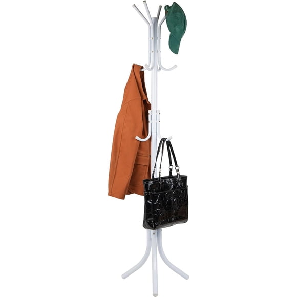 SUSUZI 5.7ft Metal Coat Rack Freestanding, 3-Tier Entryway Coat Tree with 12 Hooks, 60LBS Capacity Triangle Stable Stand for Bedroom Living Room Hallway, White