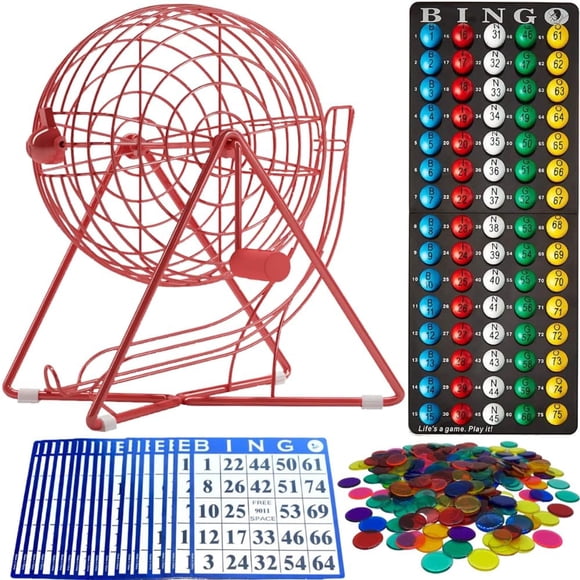 MR CHIPS 11 Tall Bingo Set with Steel Bingo Cage Professional Bingo Game with Everlasting 78 Bingo Balls 18 Bingo Cards and 300 Bingo Chips 4 Color Choices Lucky Red