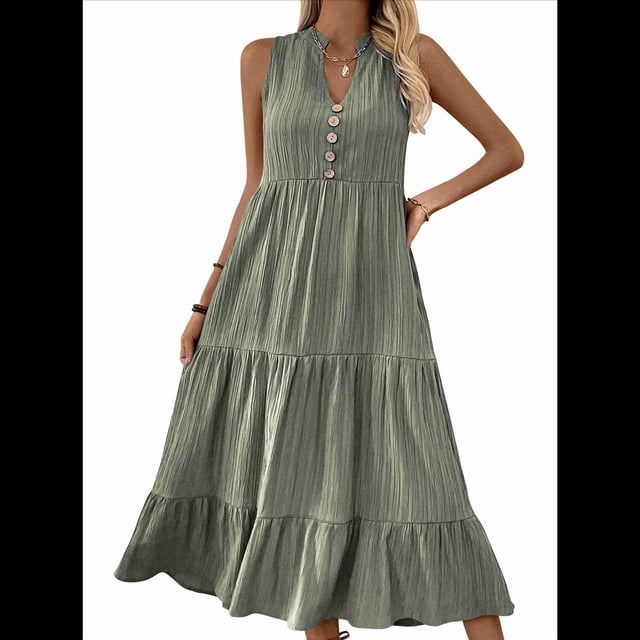 Robe Chemise Sans Manches d'Été 2025 pour Femmes Col en V Décontractée Midi Vert P