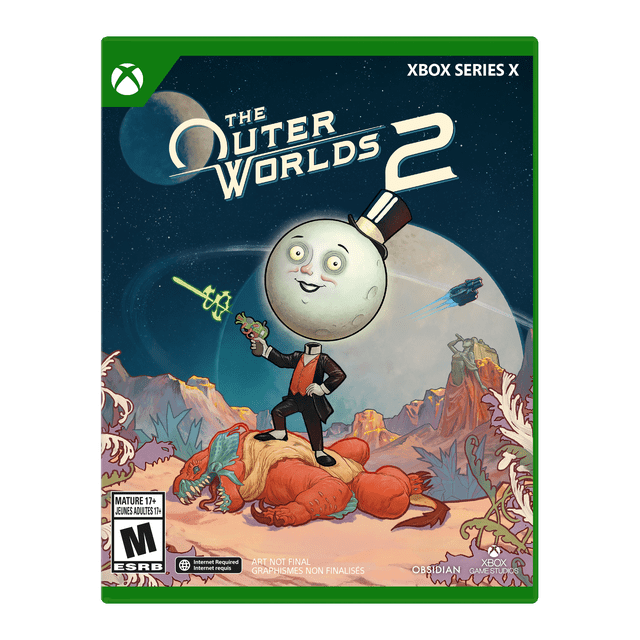 The Outer Worlds 2 – Standard Edition – Xbox Series X game cover depicting a character in a black suit and orange vest holding a futuristic green weapon, standing on a large defeated alien creature in a colorful alien landscape with rocky cliffs, a large moon, and a spaceship flying in the starry sky, with Xbox branding and ESRB Mature 17+ rating.