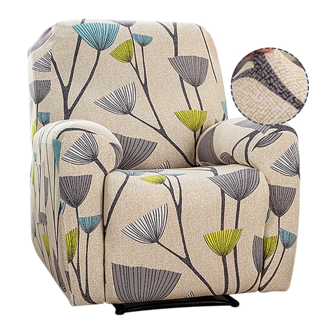 Dznils Printed Recliner Chair Cover in beige with a floral pattern featuring green, gray, and blue accents. Made of polyester, this stretchable slipcover fits single-seat recliners with back widths of 25.6-39.3 inches and back heights of 27.5-41.3 inches. Includes 2 arm covers, 1 center back cover, and 1 seat cover. Designed to protect furniture from stains, scratches, and pet hair while adding a decorative touch. Suitable for living rooms, bedrooms, offices, and hotels.