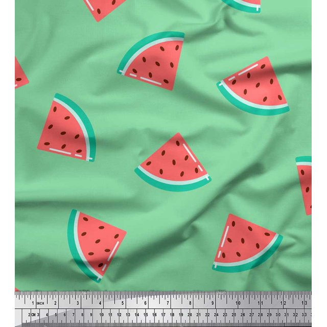 Soimoi Green polyester Crepe Fabric Watermelon Fruits Print Fabric by the Yard 52 Inch Wide
