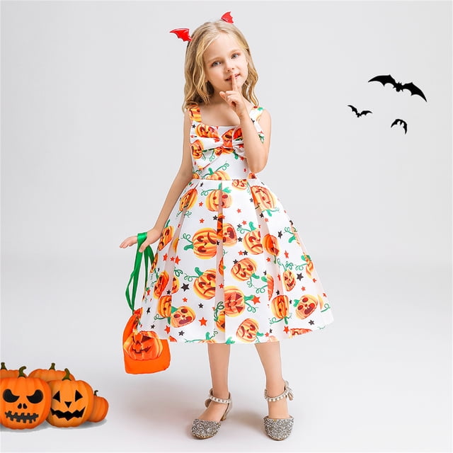 KAWELL Robe de Costume de Citrouille d'Halloween pour Fille avec Sac pour 3-12 Ans