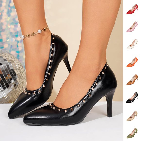 Hinvhai Women's Studded Pumps, Edgy Pointed Toe Kitten Heels with Gold Rivets, Stylish Heels for Work, Parties & Street-Style Looks Red 9.5(43)