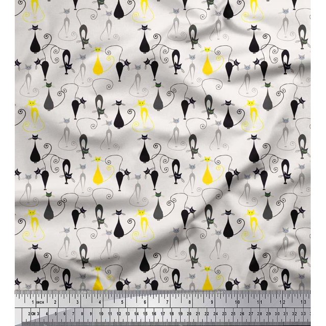 Soimoi Rayon Fabric Cat Animal Printed Fabric 1 Yard 56 Inch Wide