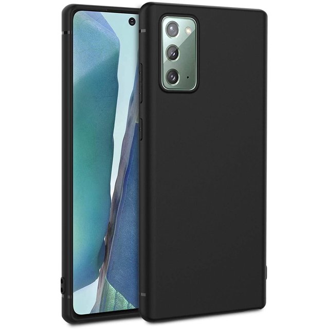 Samsung Galaxy Note 20 Ultra Case by Phonesmart, featuring an ultra-slim design made of soft TPU silicone in a black finish. The case is lightweight, adding only 0.3mm thickness to the phone, and provides anti-scratch and shockproof protection. It offers full access to all ports and buttons, ensuring convenience while safeguarding the device from scratches, dust, and shocks.