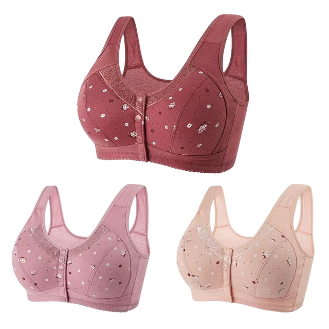 Lenpel Women's Plus Size Front Closure Bras 3 Pc No Underwire Printed Full Coverage Bralettes Comfortable Everyday Bras(Pink,3X-Large)
