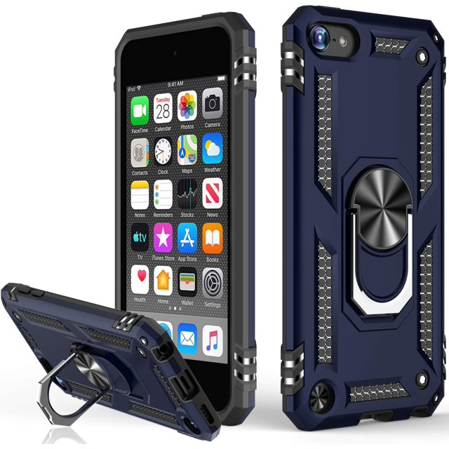 PST iPod Touch 5 / 6 / 7 Kickstand Rotating Ring Case featuring heavy-duty drop protection and hybrid shock absorption. The rugged hard phone case includes a 360-degree rotating ring holder for easy grip and a kickstand for hands-free viewing. Designed with a magnetic metal plate compatible with car mounts (not included). Dual-layer construction combines TPU and polycarbonate for enhanced durability against drops and scratches. Shown in a dark blue finish with metallic accents.