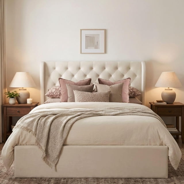 Aykah Modern Velvet Queen Bed Frame With Storage, Metal Bed Frame with High Headboard, Modern Wingback Design Bed