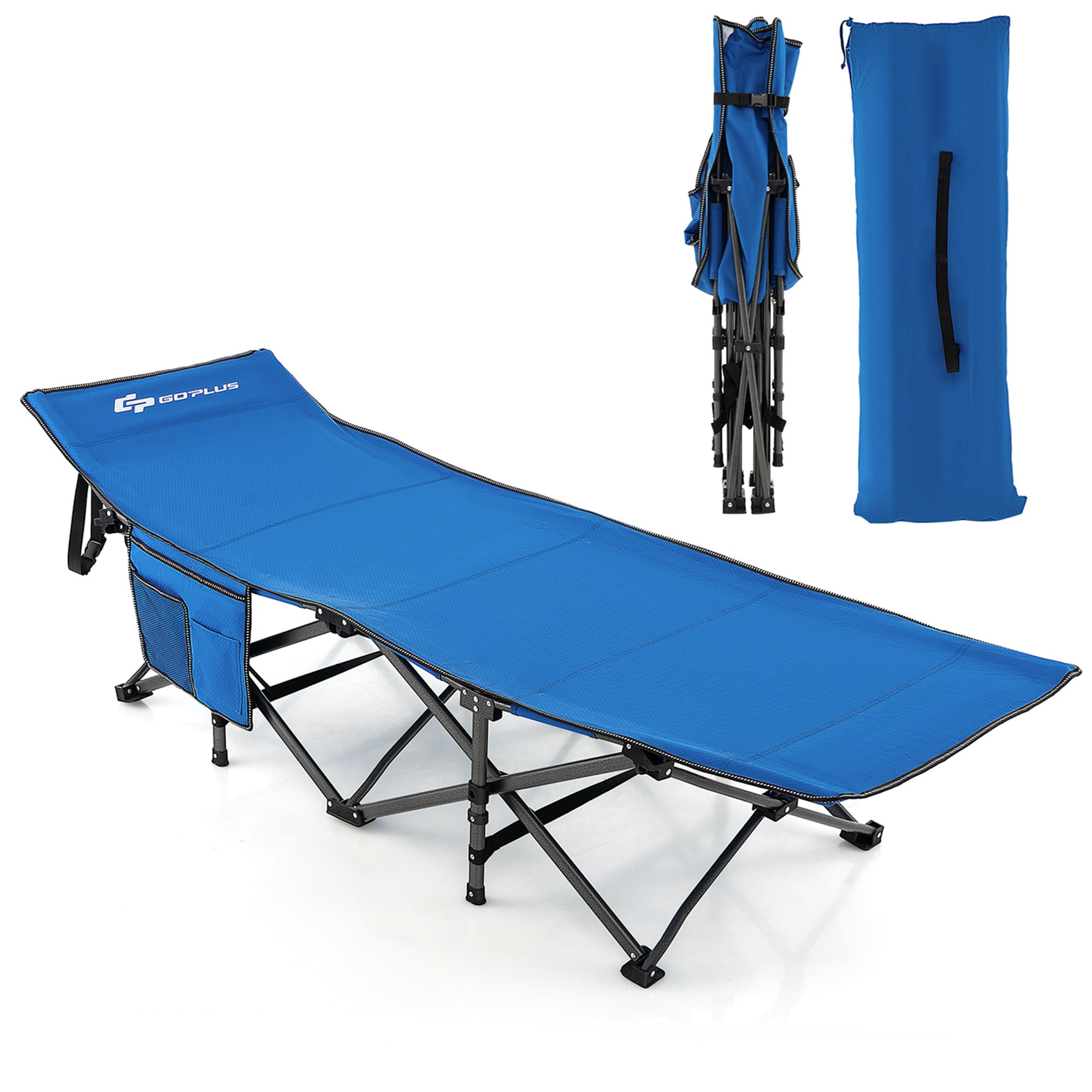 Goplus Lit de Camping Pliable Grand en Acier Robuste pour Intérieur et Extérieur Bleu