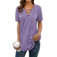 thumbnail image 1 of MY Women Solid Color Short Sleeve Tunics Lace-up V Neck Top, 1 of 4