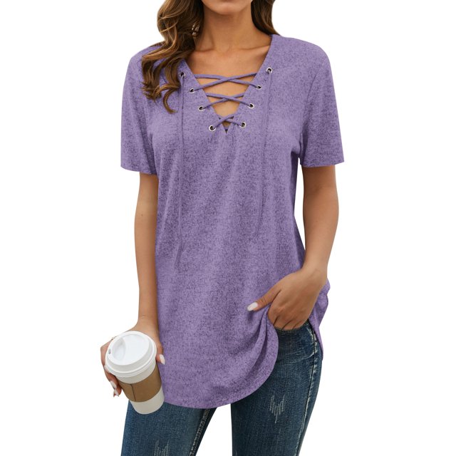 MY Women Solid Color Short Sleeve Tunics Lace-up V Neck Top