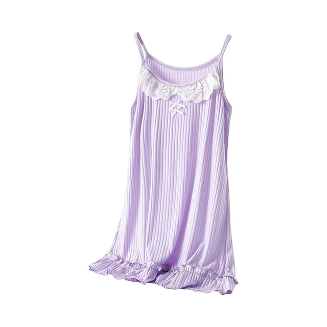 WEIYLL Robes Filles Été Enfants Tout-Petits Sans Manches Côtelées Dentelle Plage Pyjamas Solides Robe Violette 5-6 Ans