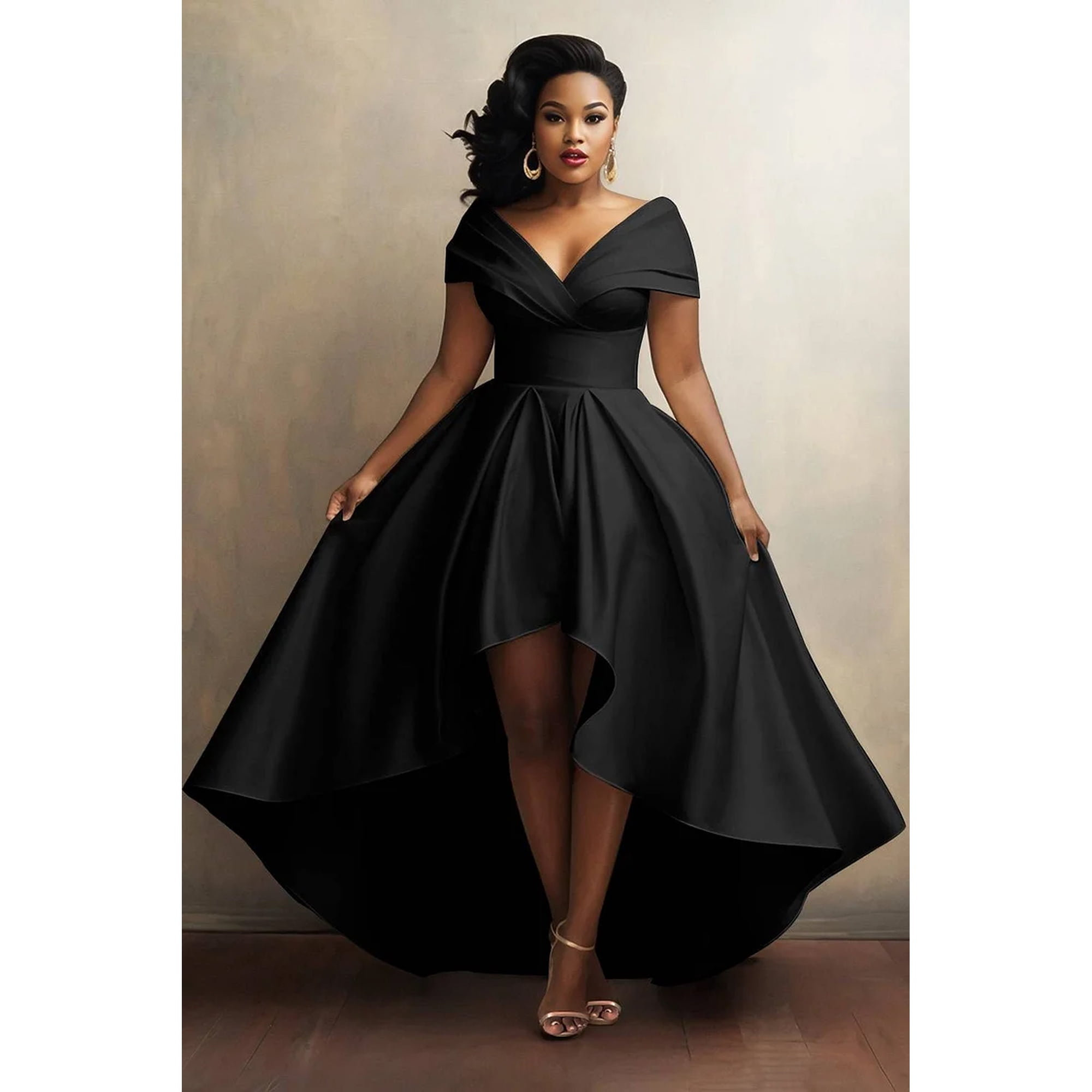 formal a line plus size dresses Black Off-the-Shoulder High-Low A-Line Dress, V-Neck Short Sleeve Evening Gown Long Sleeve Formal Chiffon Main Fabric Content:99% POLYESTER Size:6X Shoulder Long Sleeve Back