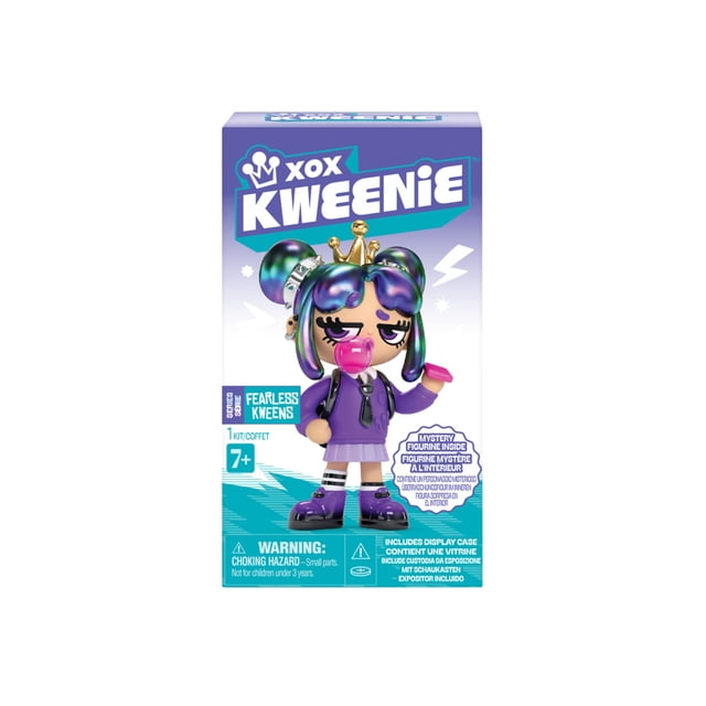 XOX Kweenie Mystery Single Pack - Fearless Kweens collectible figurine with iridescent purple-green hair styled in buns, wearing a purple dress, black tie, striped socks, and purple shoes, blowing a pink bubblegum bubble, displayed on packaging with blue-purple gradient and safety warnings for ages 7 and up.