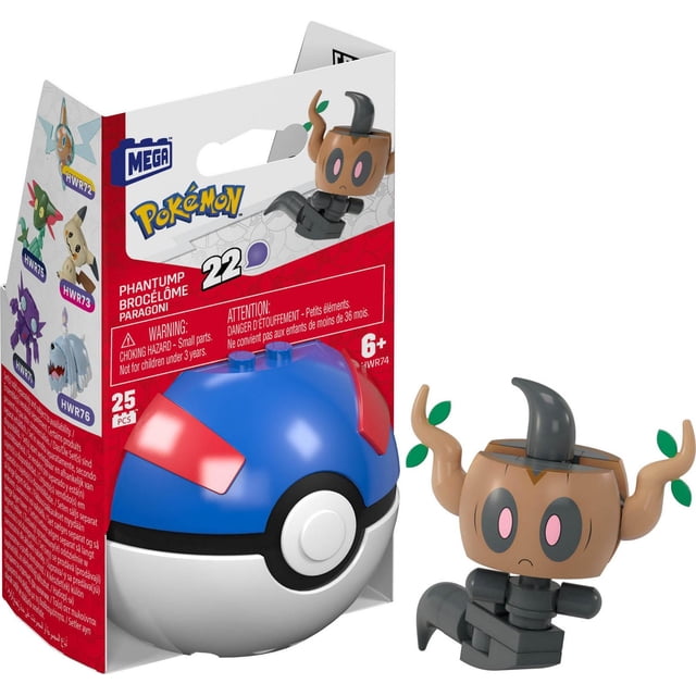 MEGA Pokémon Phantump Building Toy Kit with 25 pieces includes a poseable Phantump figure featuring a brown head with pink eyes, black segmented body, and branch-like arms with green leaves, shown alongside a blue and white Great Ball with red details, designed for children aged 6 and older.