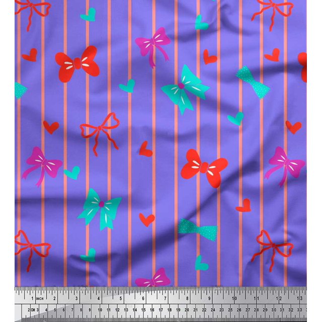 Soimoi Purple polyester Crepe Fabric Bow & Stripe Print Sewing Fabric Yard 52 Inch Wide