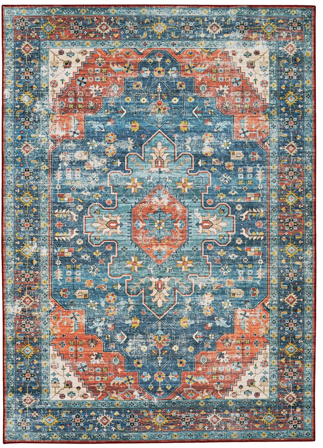 Markum 5' x 7' Washable Area Rug, Teal and Rust