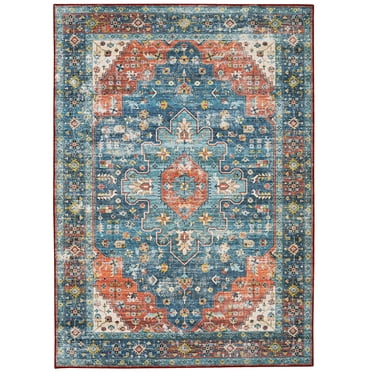 Markum 5' x 7' Washable Area Rug, Teal and Rust