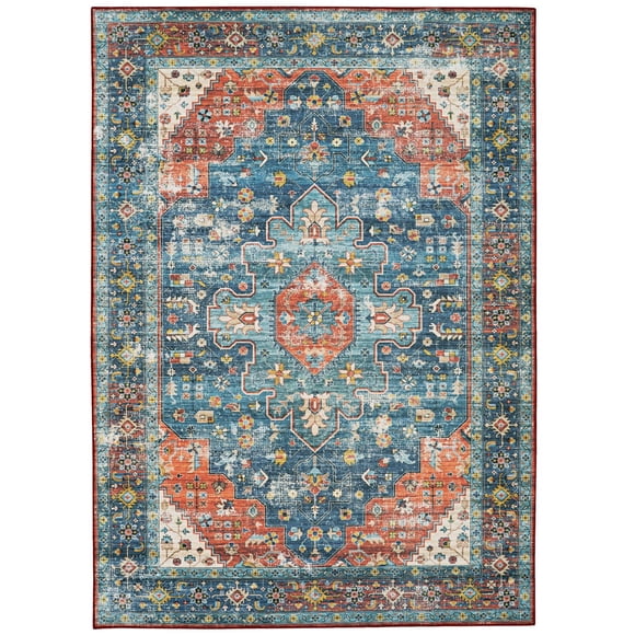 Markum 5' x 7' Washable Area Rug, Teal and Rust