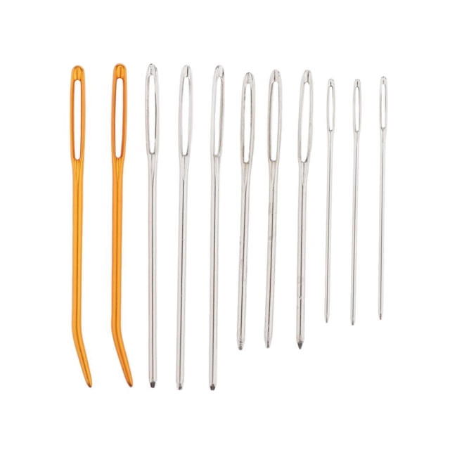 yuksok hand sewing needle knitting darning threading supply set, including 6 curved needles and various styles of large eye and bent tip needles. Made of high-quality metal, these multicolour needles are suitable for sewing, darning, threading, stitching, and crafting projects like leather, wool, tapestry, and upholstery. The set includes needles ranging from approximately 5 to 12 cm in length.