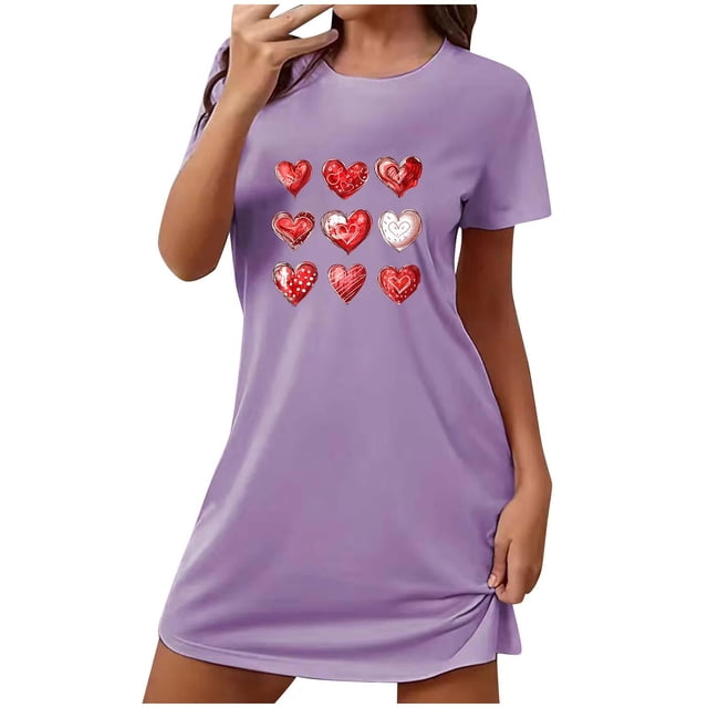 Chemise de Nuit pour Femmes Chemise de Nuit pour Femme Robe de Nuit à Manches Courtes Chemise de Sommeil Imprimée Tenue de Nuit Chemises de Nuit Douces Imprimé de la Saint-Valentin Chemises de Nuit Robe de Sommeil Douce T-Shirt Classique Nuisette m