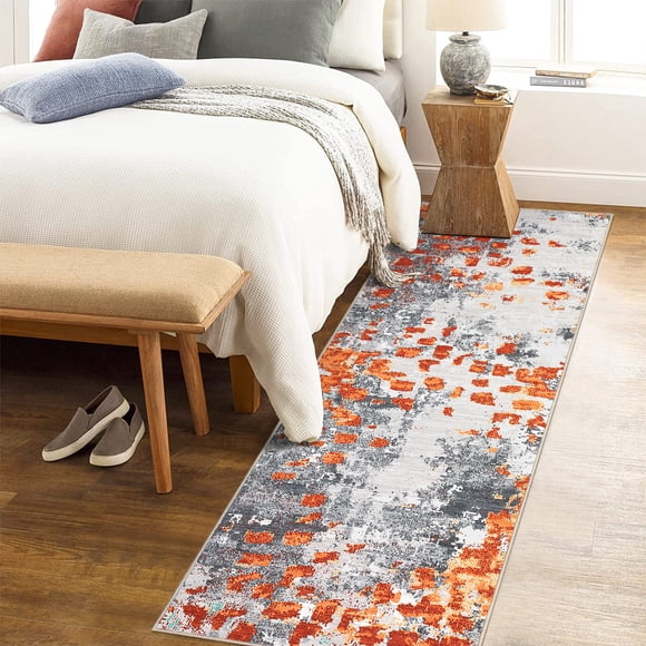 Tapis Coureur Lavable 2 X 6 Pi – Aquarelle Abstraite Moderne Boho Chic, Tapis Antidérapant à Poils Courts Pliable pour Couloir, Chambre, Salon, Cuisine – Orange Gris – Stock USA