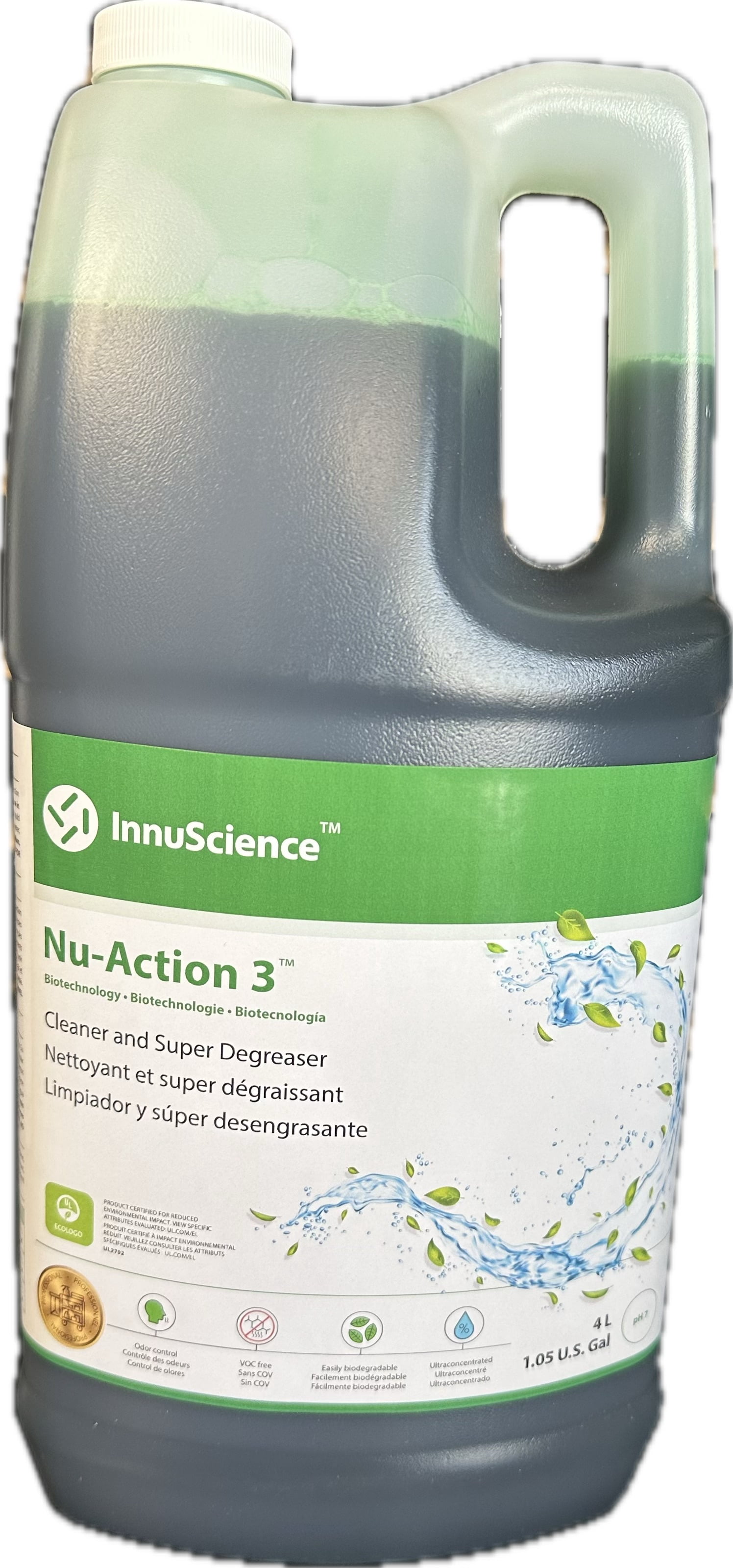 Nu-Action 3,  Concentrated Biotechnological Degreaser, Removes Tough Stains, Cleans and Degreases, All Surfaces, 4L