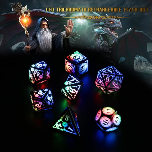 Jeu De Dés Lumineux Rechargeables Polyédriques – LED Multicolores Clignotantes, Avec Boîtier De Charge, Pour RPG Et Jeux De Rôle