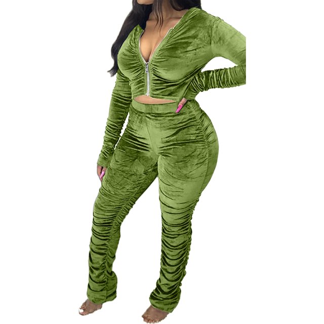 Honganda Slim Pleated Zipper Hooded Top and Pants Two-piece Suit