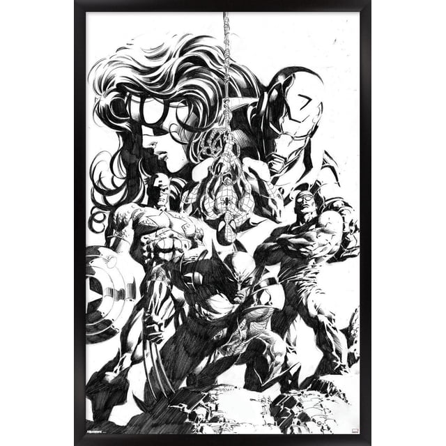 Marvel Sketch - Group Wall Poster, 14.725" x 22.375" framed, features a detailed black and white pencil sketch of Marvel superheroes including Spider-Man hanging upside down in the center, Wolverine crouching in front, Iron Man and Captain America standing behind, and a large female character with flowing hair in the background. The poster has a modern design with a premium satin finish and a sawtooth hanger for easy wall mounting, suitable for home décor and wall art.
