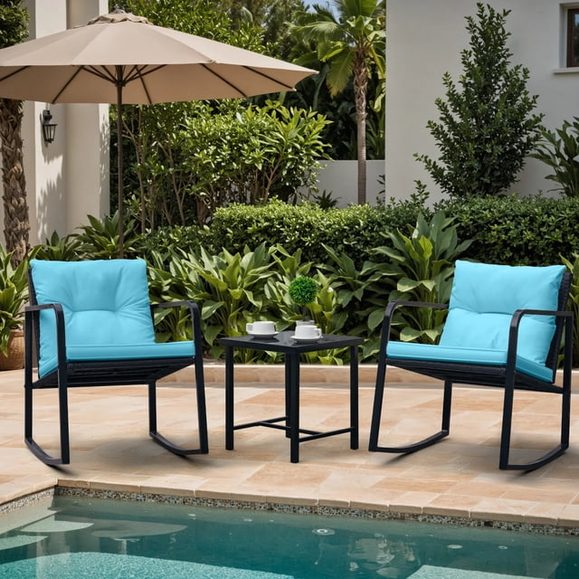 Homall 3 Pieces Outdoor Rocking Chair Furniture Sets with two cushioned blue PE rattan rocking chairs and a tempered glass coffee table. Designed for patios, balconies, or poolside, the chairs feature powder-coated steel frames and weather-resistant wicker, offering comfort and durability.