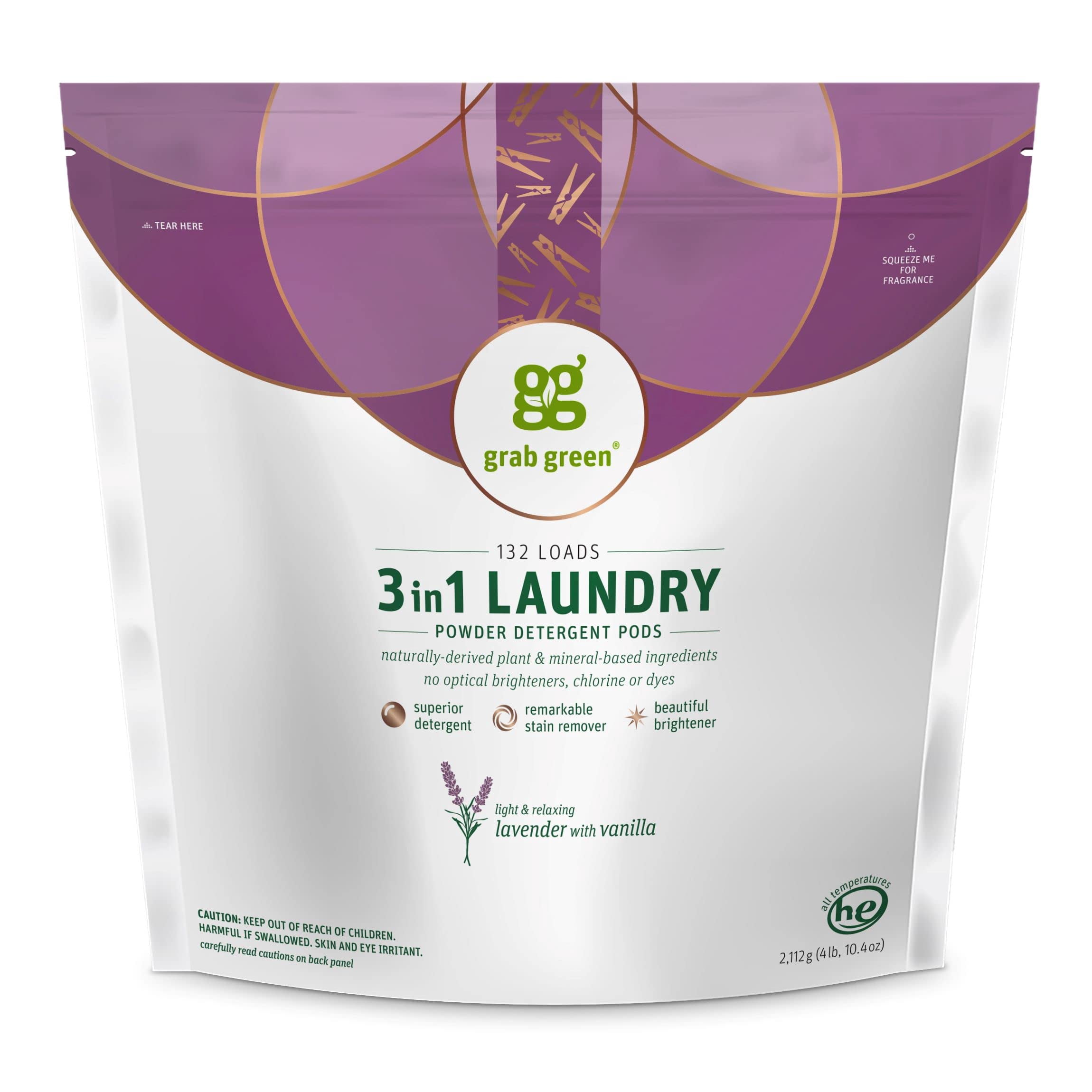 Grab Green, 3-in-1 Laundry Detergent Pods, Lavender with Vanilla, 132 Loads, 4 lbs, 10 oz (2,112 g)
