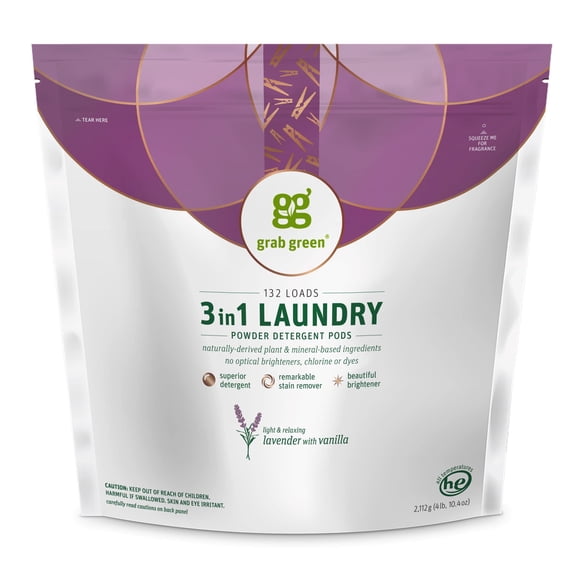 Grab Green, 3-in-1 Laundry Detergent Pods, Lavender with Vanilla, 132 Loads, 4 lbs, 10 oz (2,112 g)
