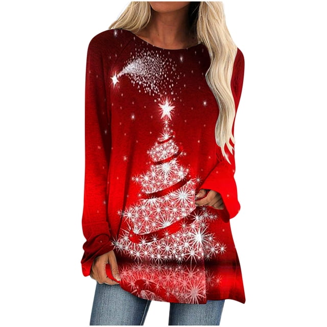 IROINID Offres Tunique de Noël Tops pour les Femmes Long Manches Floral Salon Shirts Solide Pull Tunique en Vrac Tops Arbre Imprimé Col Rond Long Sleeve Chemisier, Rouge