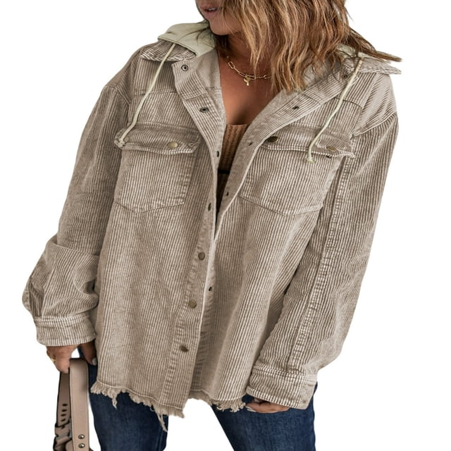 Womens Corduroy Shacket Jacket Long Sleeve Button Down Color Block Hooded Coat with Pockets