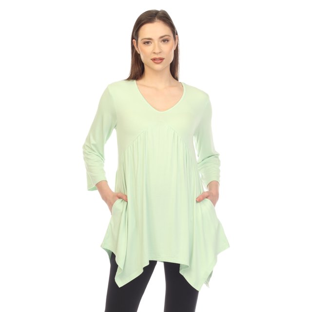 White Mark Tunique à Manches 3/4 pour Femmes, Taille Empire, Col en V
