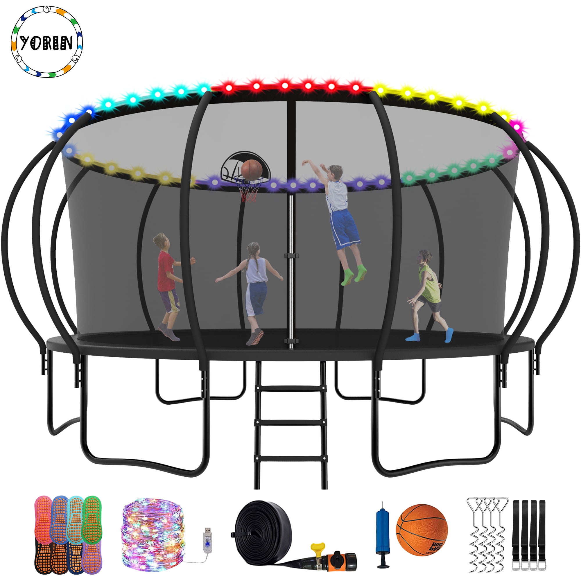 YORIN Trampoline pour 10 Enfants, Trampoline de 16 Pi pour Adultes avec Filet d'Enceinte, Panier de Basketball, Échelle, Trampoline Récréatif Extérieur de 1500 Lb, Trampoline Robuste avec Lumière, Arroseur, Bas