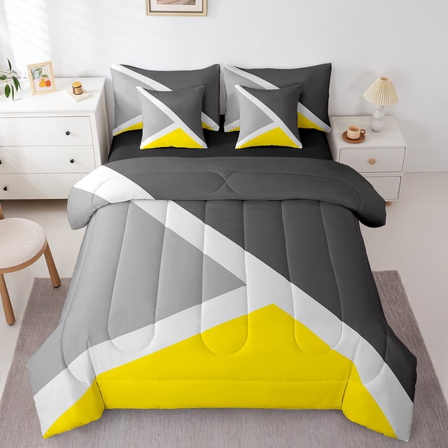 YST 7-Piece Patchwork Geometric Triangle Bedding Set, Queen Size, Modern Geometry Comforter Set