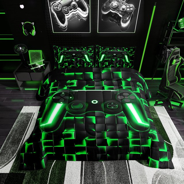 YST Gaming Comforter Set for Boys, Gamer Bedding Full, Black Reversible, Green, Grid Printed