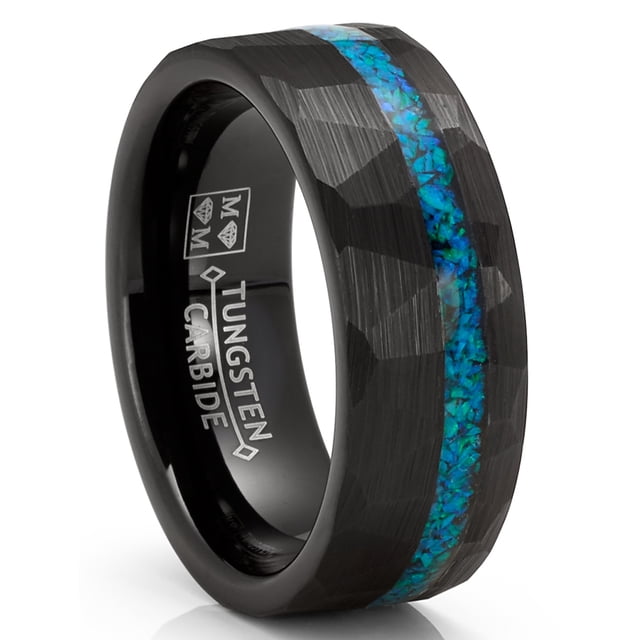 Bague pour Homme en Carbure de Tungstène avec Opale Concassée, Dôme, Alliance, Incrustation Noire Simulée 8 mm