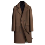Pisexur Plus Size Trench Coat for Men Double-breasted Warm Woolen Cloth Jacket Long Coat Solid Color Flip Collar Men Long Sleeve Hoodless Casual Outwear Pocket Wool Coat Men Men Winter Jacket