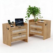 BeesClover Set of 2 Rattan Nightstands with Built-in Charging Station, 2 Drawer Bedside Table with USB & Type-c Port, Modern Side End Table for Bedroom Living Room Office