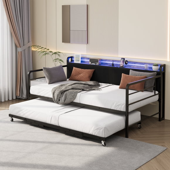 BeesClover Daybed with Pop-Up Trundle, Twin Metal Bed Frame with LED Light, Charging Station and Corduroy Upholstered Storage Headboard